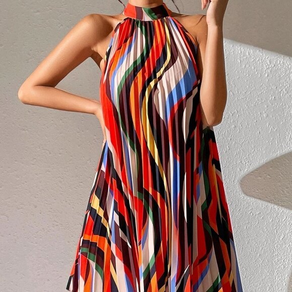 Multicolor Boho Womens Keyhole Back Halter Neck Pleated Detail Dress - Picture 4 of 5